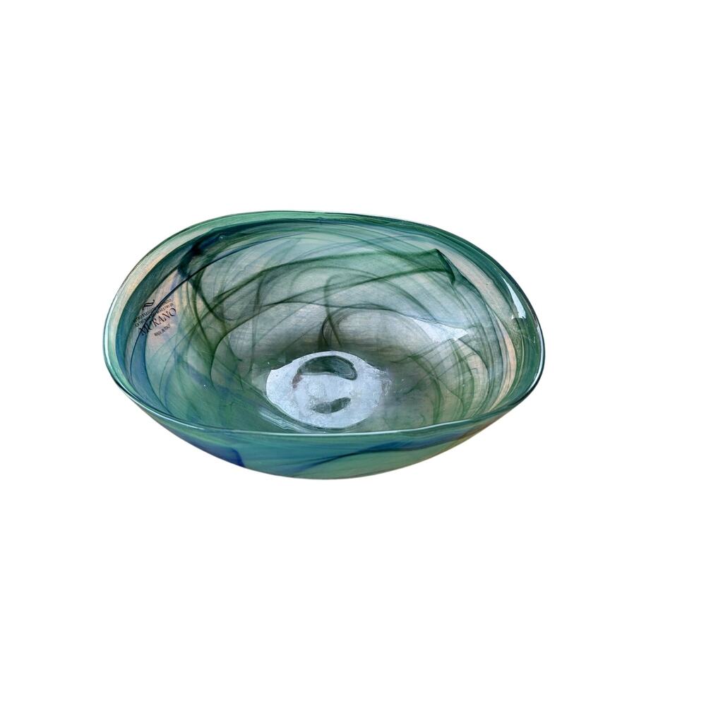 MURANO Art Glass Italy Green Blue Swirl 9” Oblong Bowl w/Sticker